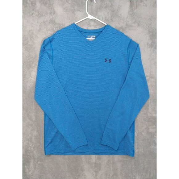 Under Armour Shirt Mens 2XL Blue Striped Long Sleeve Coldgear Fitted Crew Neck - Picture 1 of 8